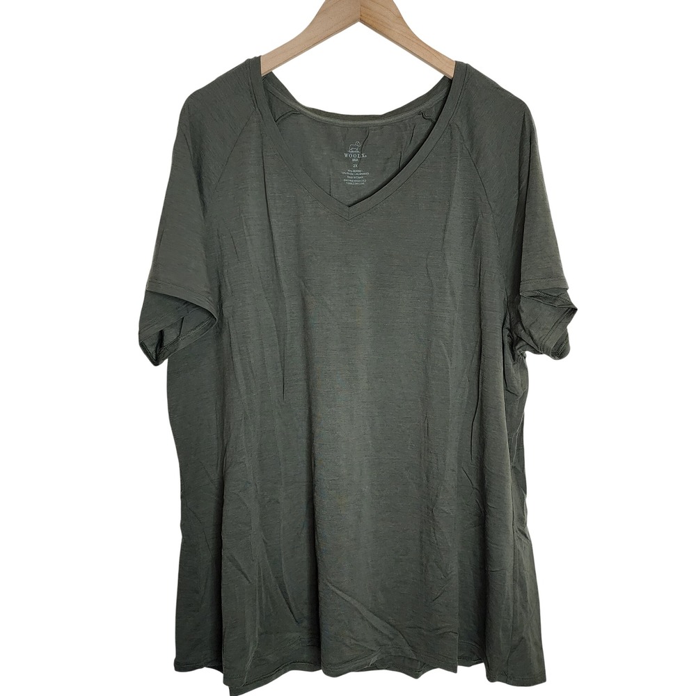 Woolx Mia Top Women 2X Green V-Neck Short Sleeve Merino Wool Blend Raglan Tee